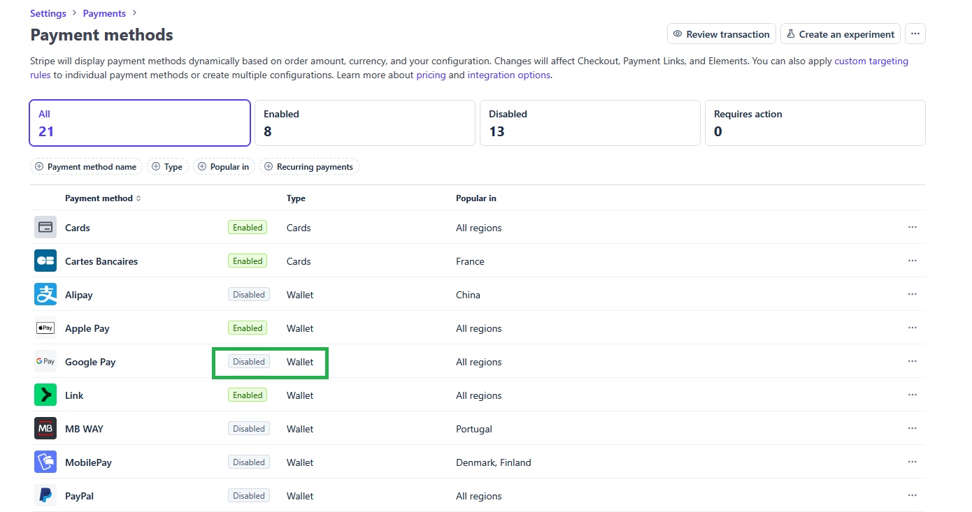 Stripe nastavení Google Pay a Apple Pay