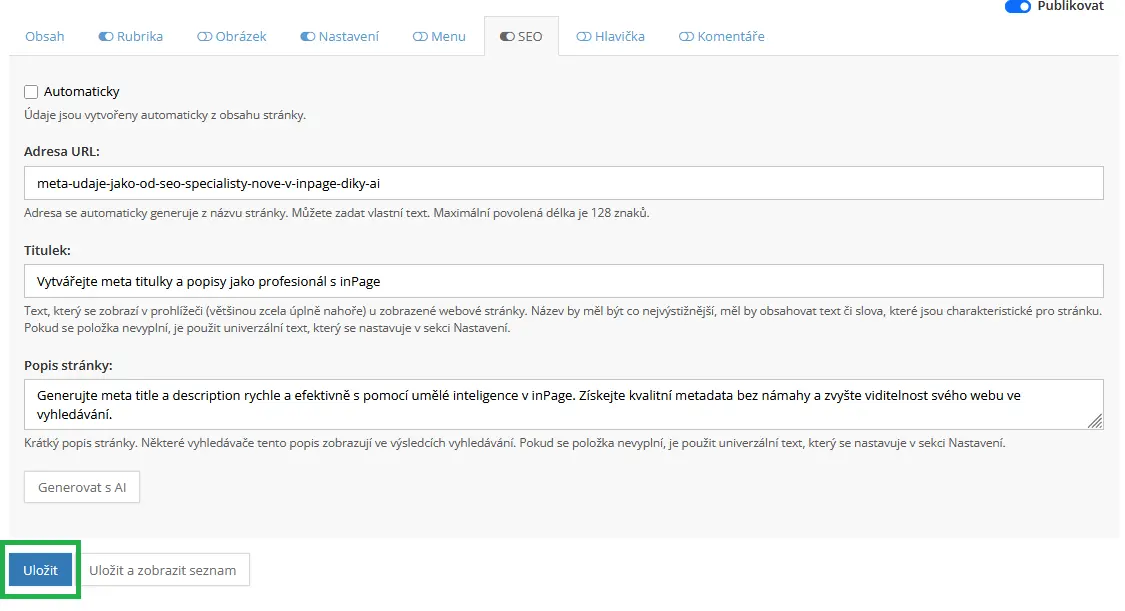 inPage generuje profesionální meta title a meta description 
