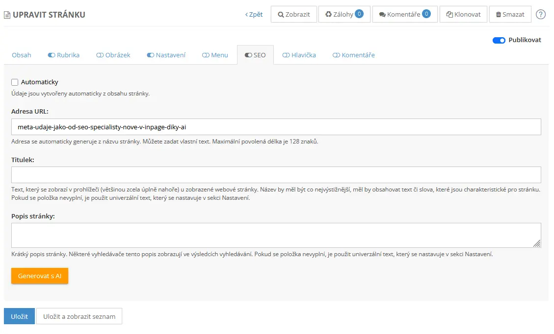 inPage generuje profesionální meta title a meta description 