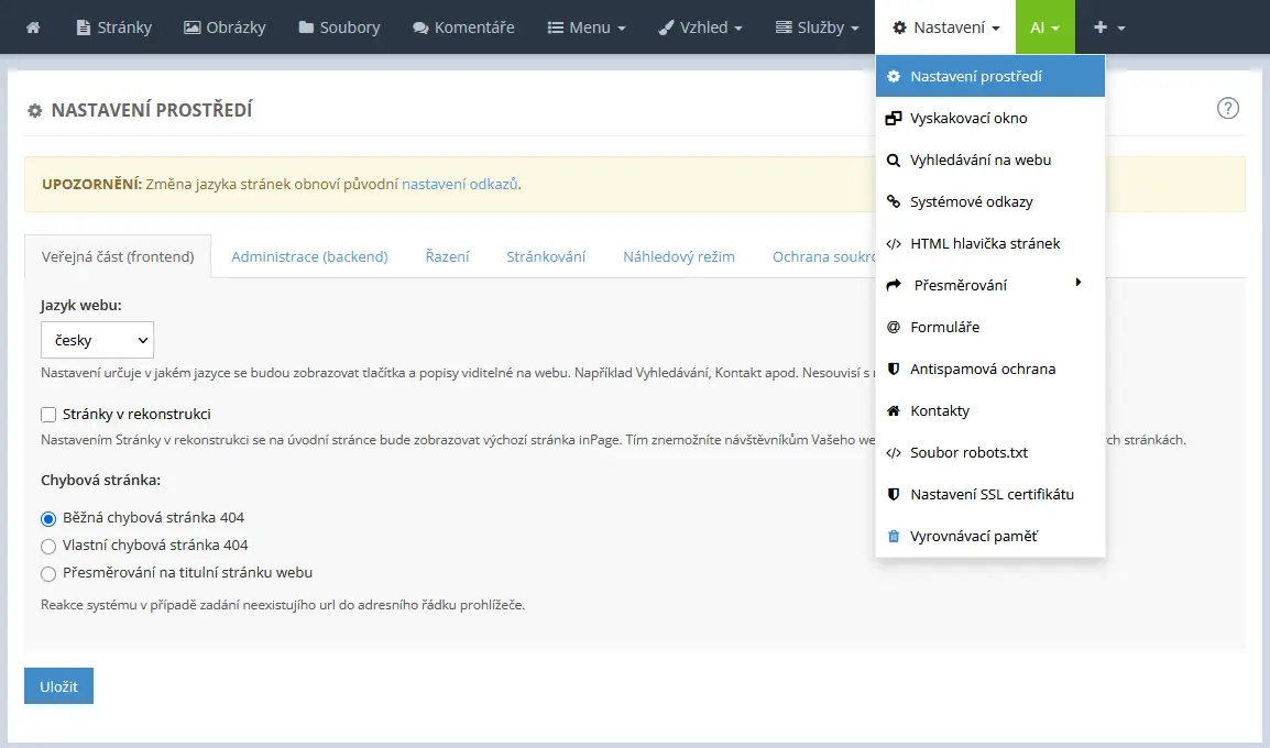 Jak nastavit chybovou stránku v administraci webu