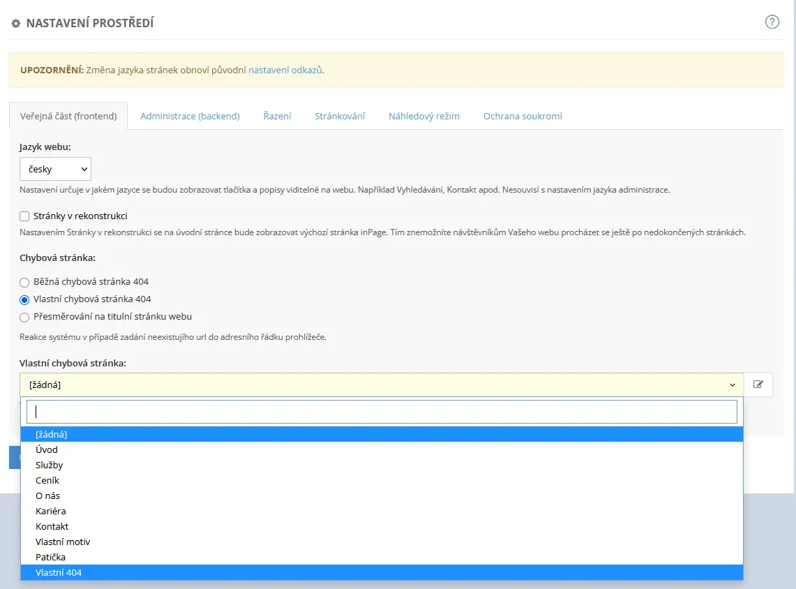 Jak nastavit chybovou stránku v administraci webu