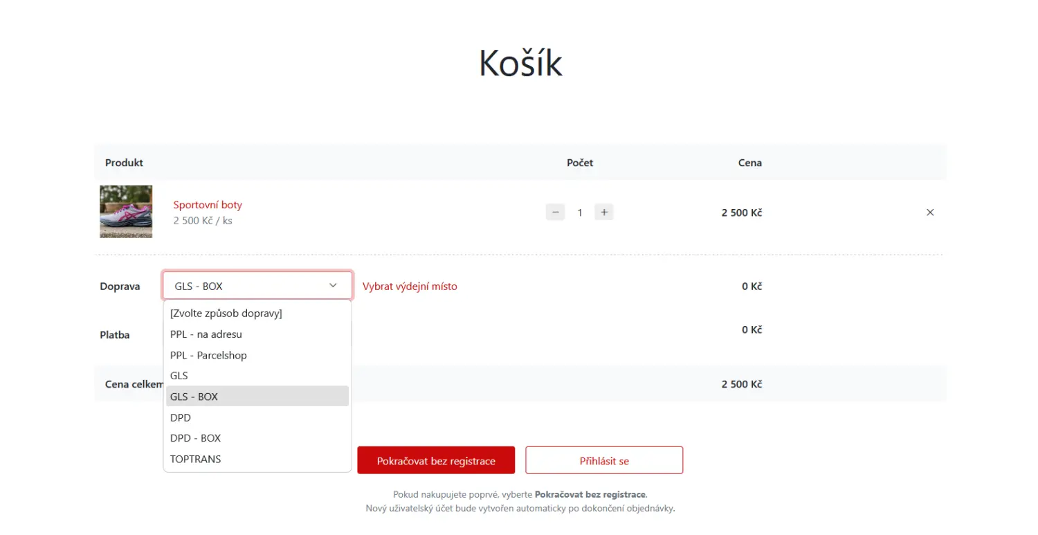 Zaslat výdejní místa zásilek na inPage