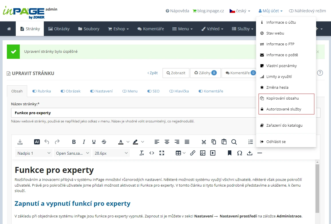 Funkce pro experty Funkce pro experty pod položkou můj účet