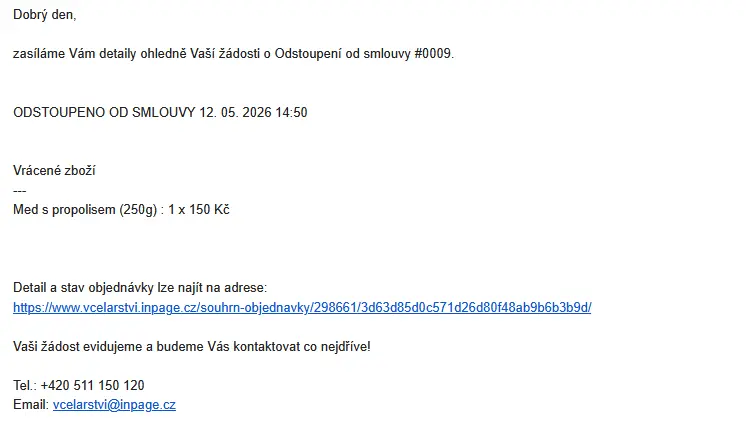 Potvrzovací e-mail o odstoupení