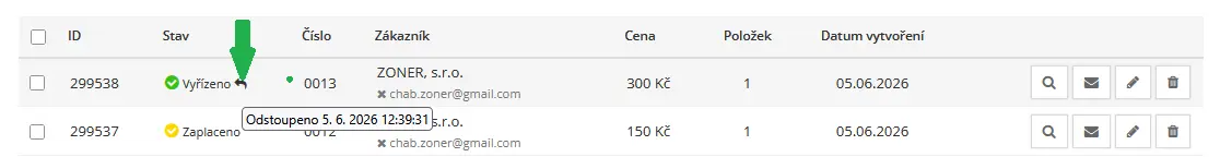 Příznak odstoupení od kupní smlouvy v administraci